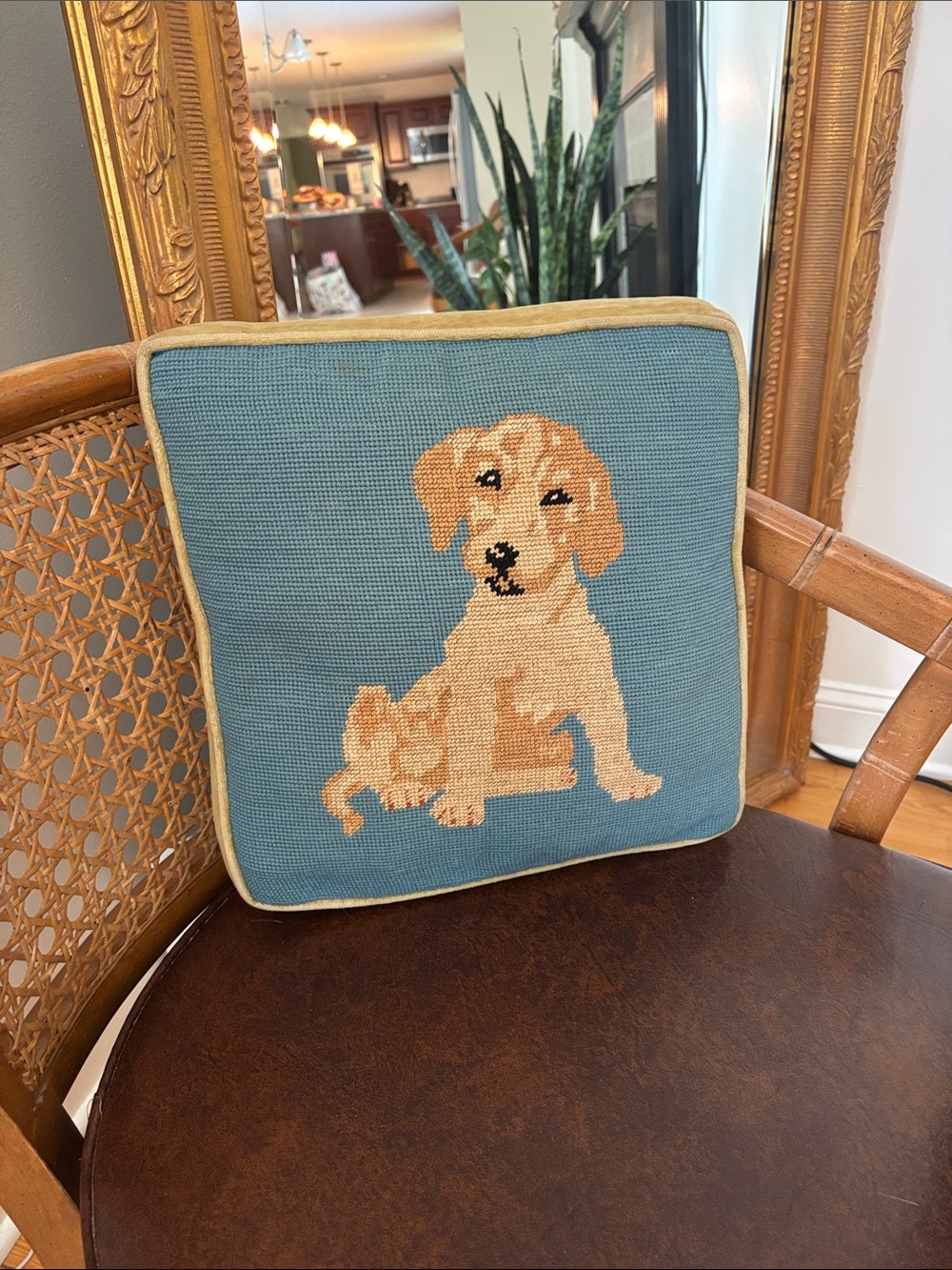 Needlepoint Puppy Accent Pillow in Blue and Tan